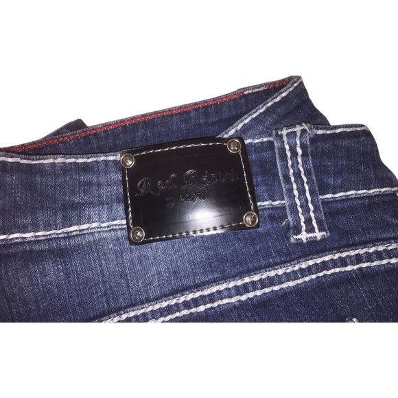 Vintage RED RIVET Dark Blue Wide Ankle Jeans with Contrasting white Threads - Si - Picture 5 of 9